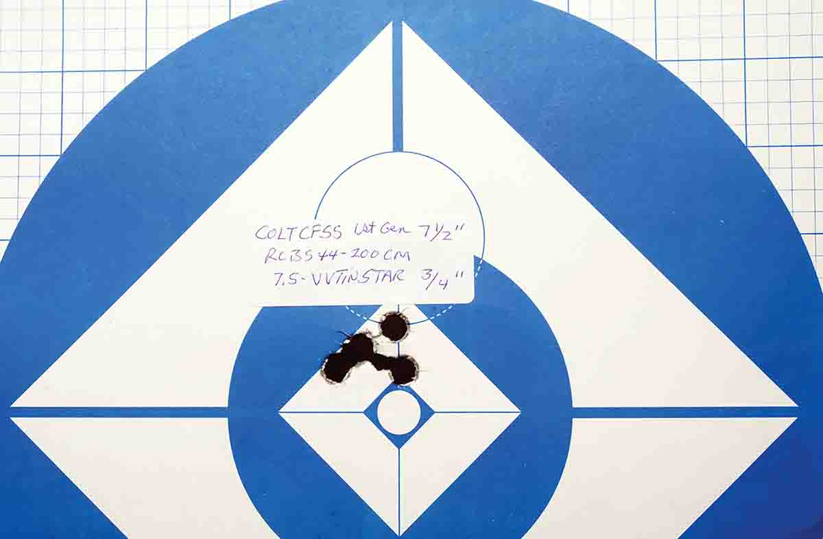 With 55 years of experience, Mike has learned the handloading points needed to receive groups such as these from his SAAs. This group was fired at 25 yards from a Ransom Machine Rest.